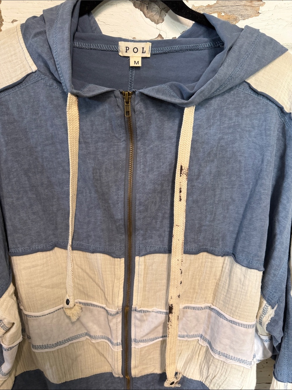 POL Blue and Cream Hooded distressed Zip Bomber Jacket - Picture 10 of 10